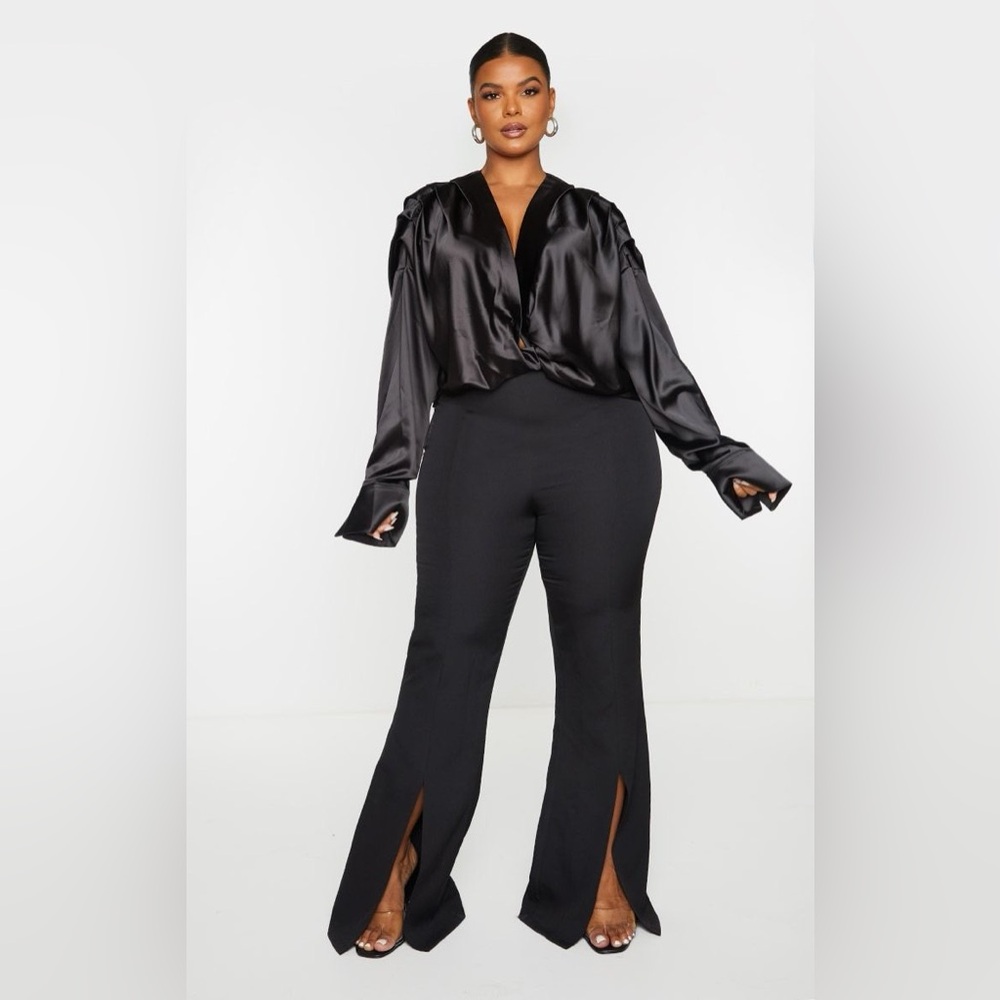 Black Satin Pleated Twist Front Blouse